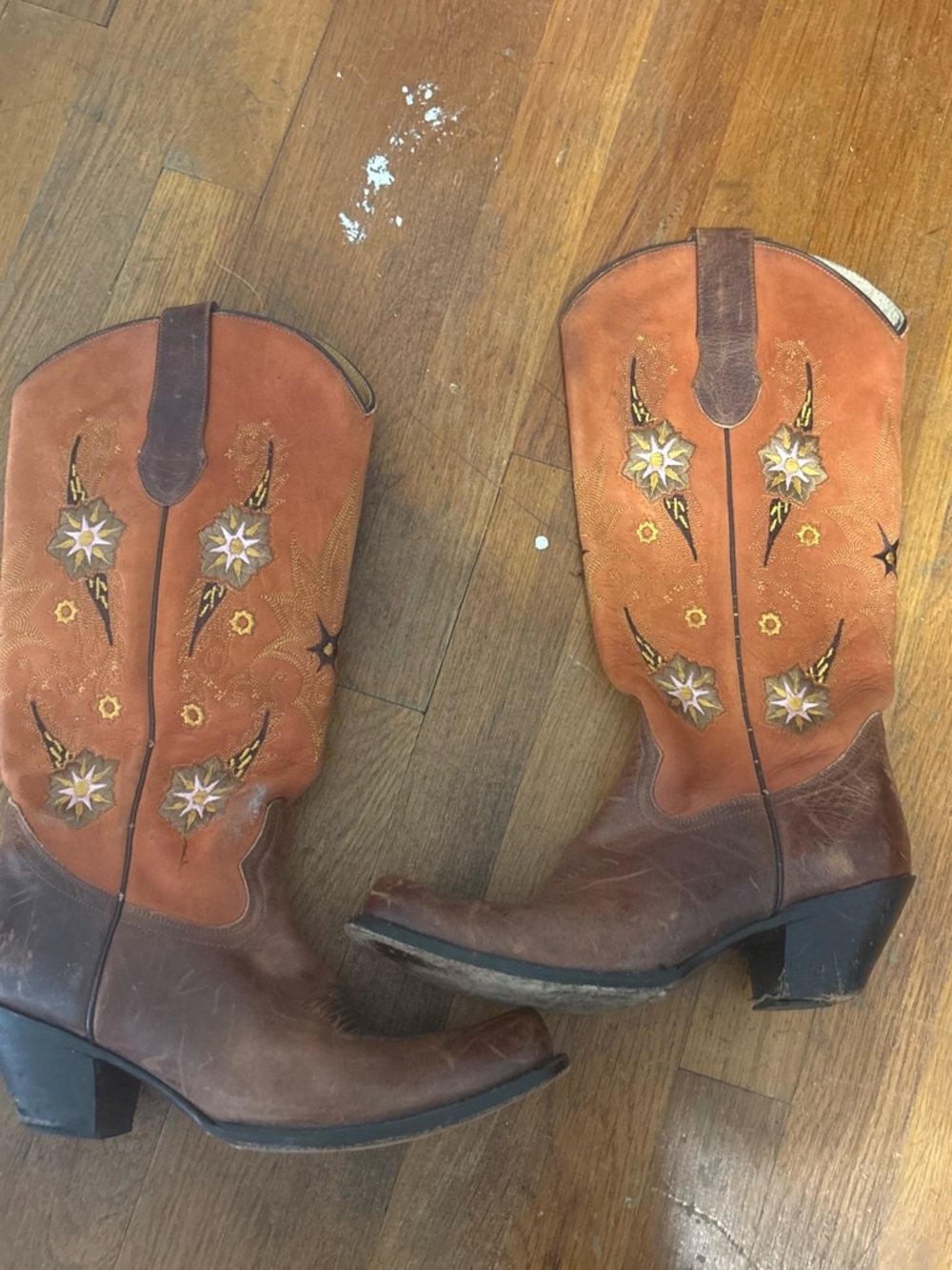 Brown & Orange Embroidered Western Cowboy Boots